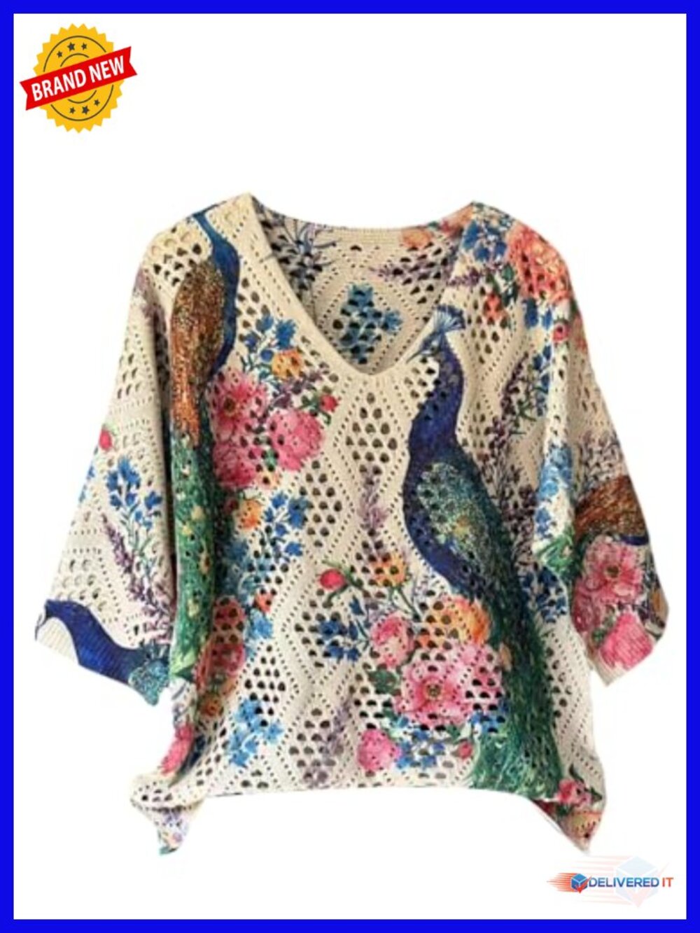 Women's Boho Crochet Pullover Sweater 3/4 Sleeve V-Neck Lightweight Knit